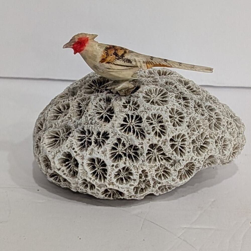 Vintage Hand Carved Miniature Bird Figurine on Marine Reef Stone Base